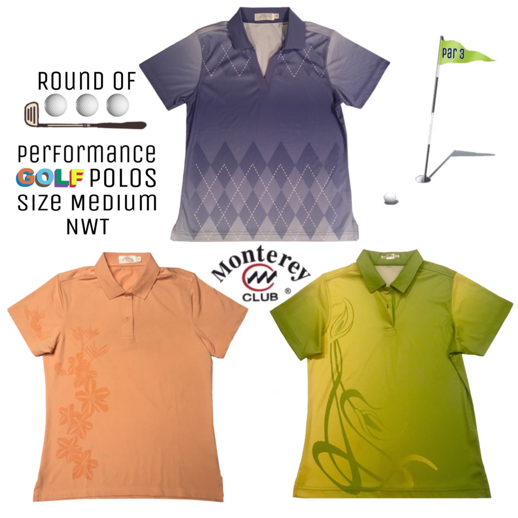 3 Nwt Monterey Club Performance Golf Shirts Polos Activewear Sz Med, Colors: